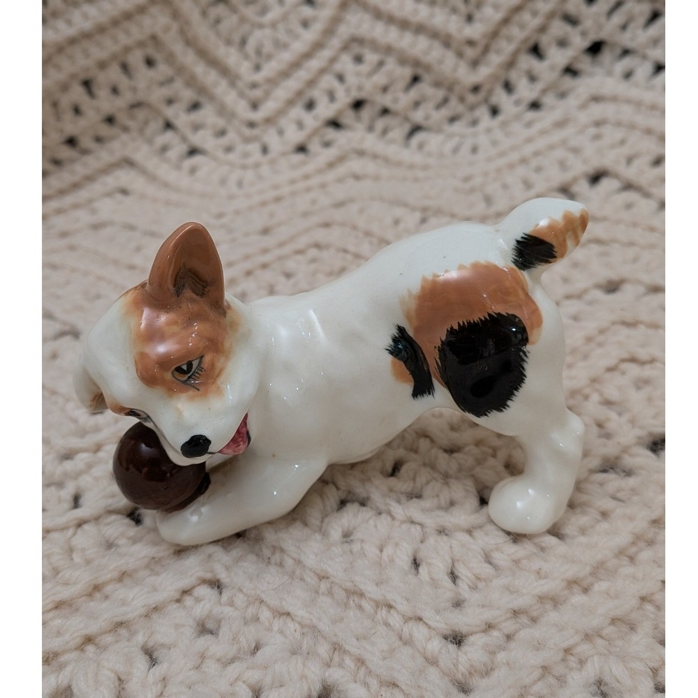 Vintage Ceramic Jack Russell Terrier Dog Figurine Playful Pup with Ball S445